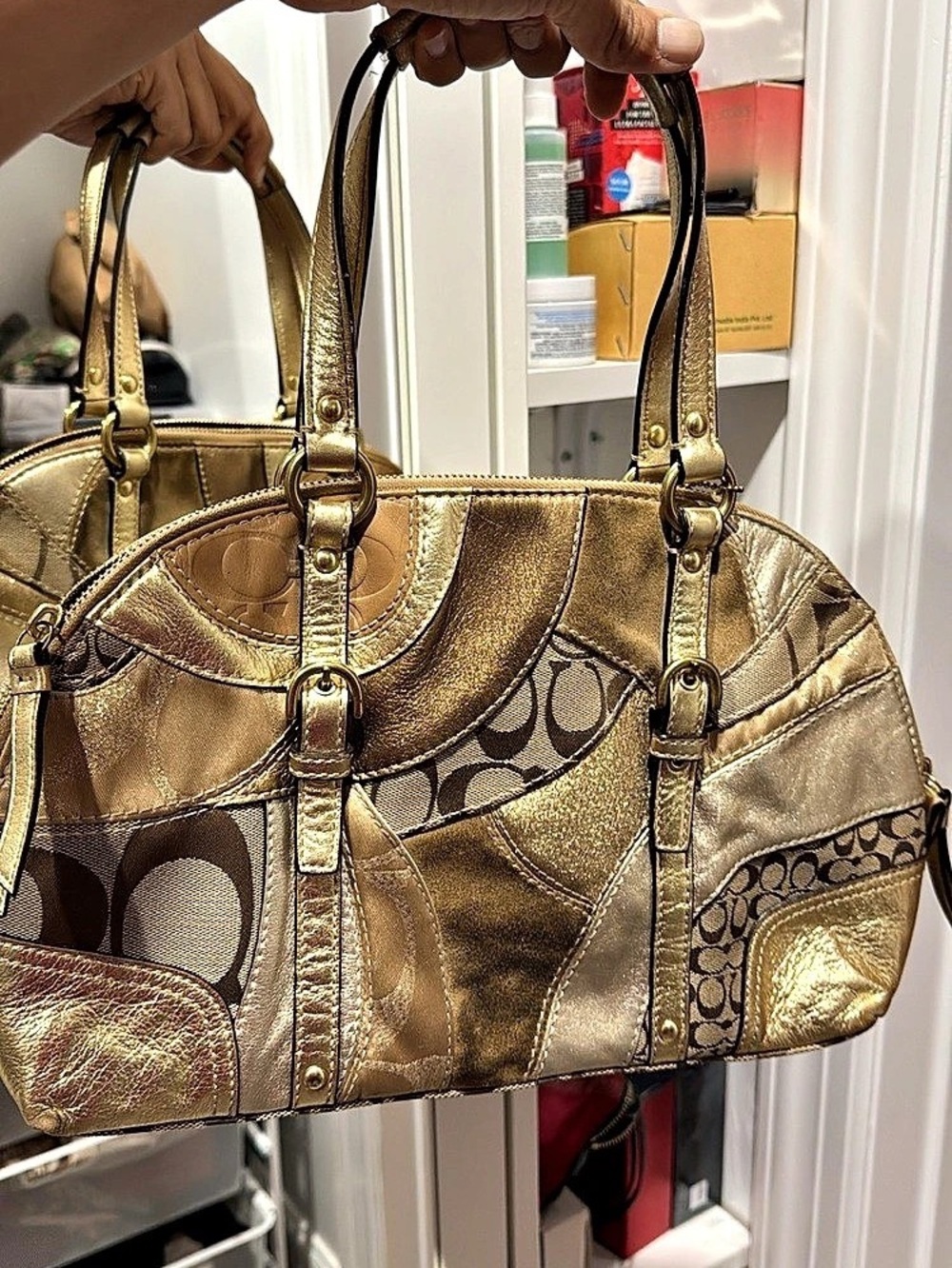 Coach Signature Patchwork Hobo Bag Gold & Brown